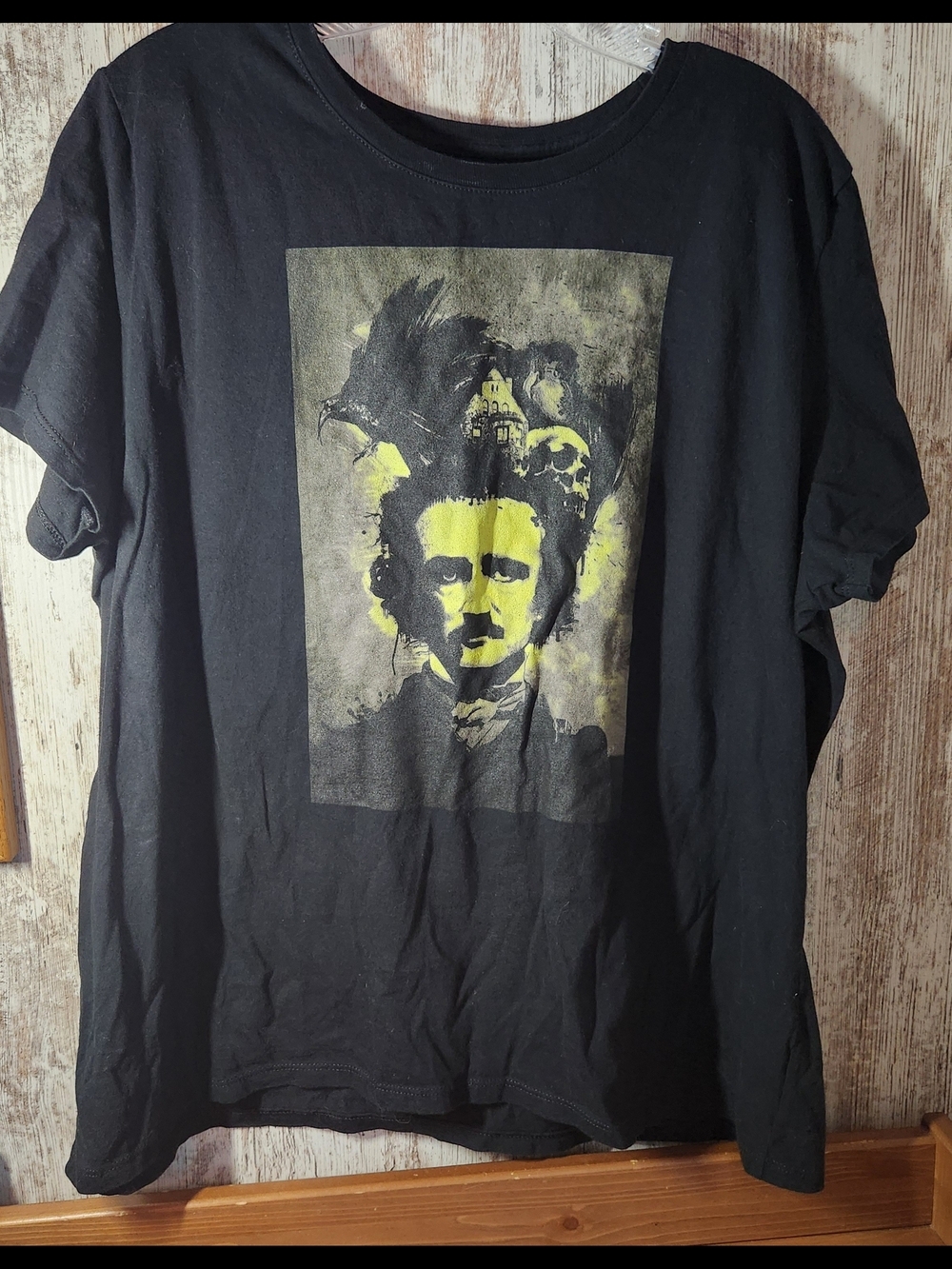 Black Short-Sleeve Graphic Tee with Yellow Accent Edgar Allan Poe Raven Skull